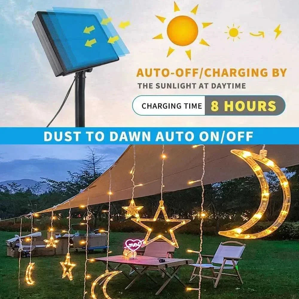 Luzes de Fada Estrela e Lua LED Solar - Encanto Natalino